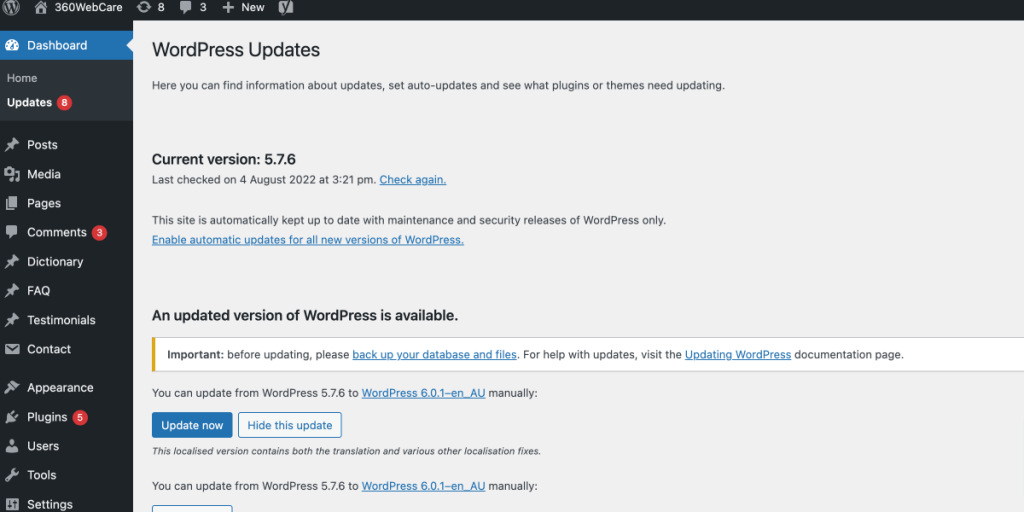 WordPress website dashboard - WP updates section