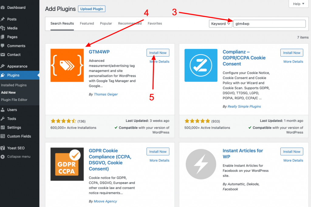 Search and add GTM4WP plugin to WordPress