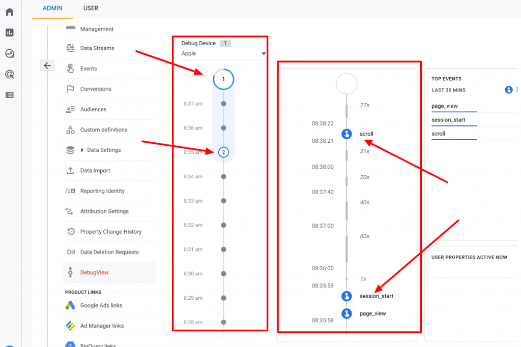 Google Analytics 4 Debug View, visible events stream.