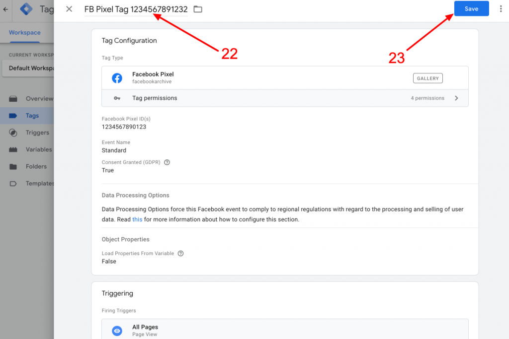 Name the FB Pixel tag in GTM and save