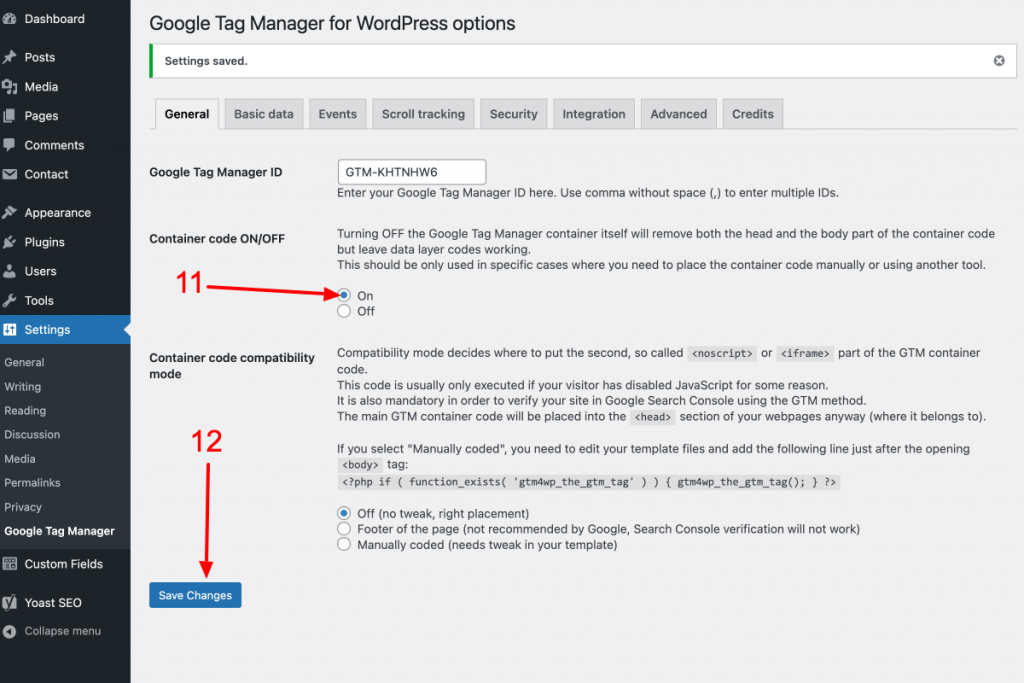 Activate (on) container in WordPress GTM4WP plugin