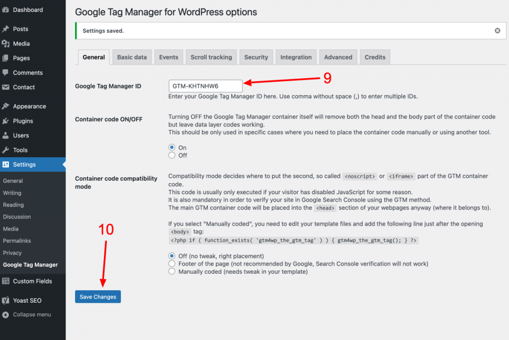 Paste Tag Manager container ID to GTM4WP plugin settings