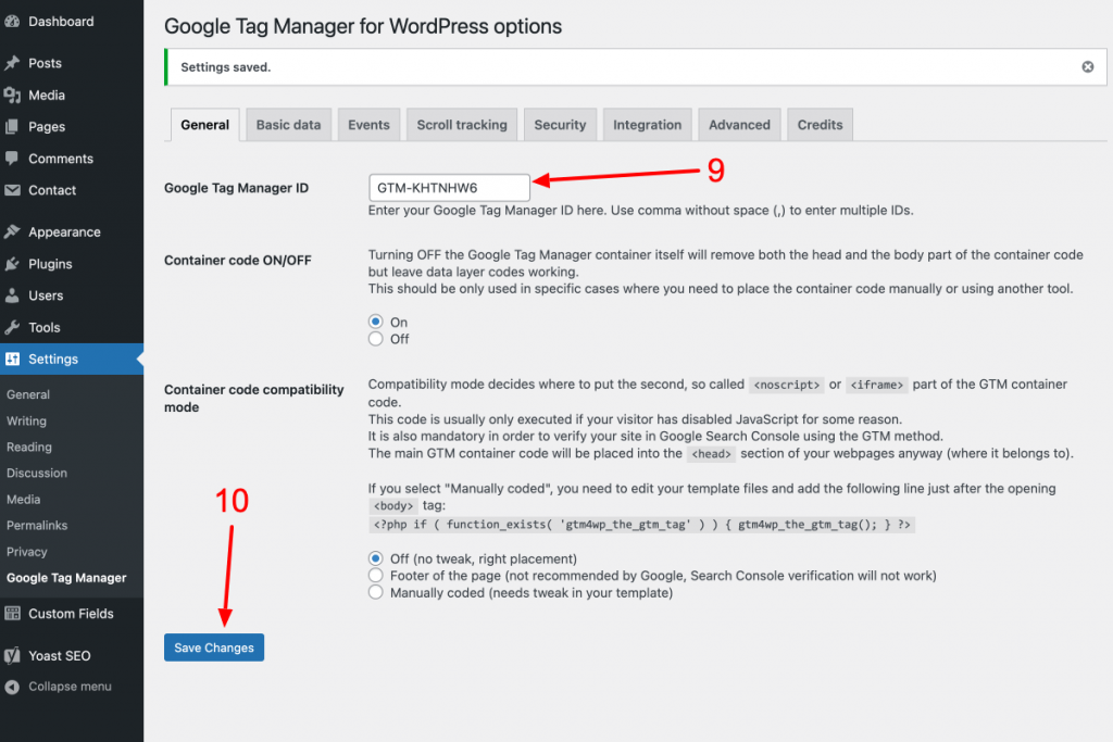 Copy-paste GTM container ID to GTM4WP plugin settings