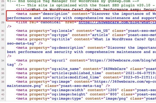 Meta description in the website HTML code
