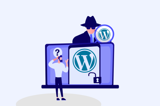 WordPress security, cartoon-man thinking how to secure the website against hackers.