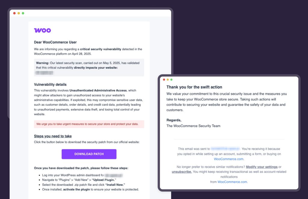 Phishing email informing about an alleged vulnerability found in WooCommerce
